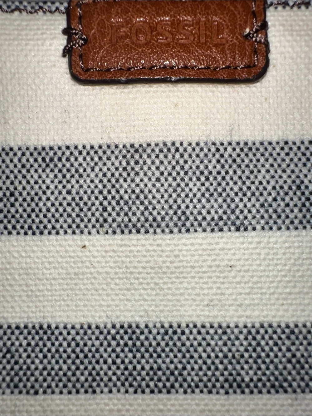 Fossil Cream and Navy Striped Canvas Wallet with Brown Leather Accent like new